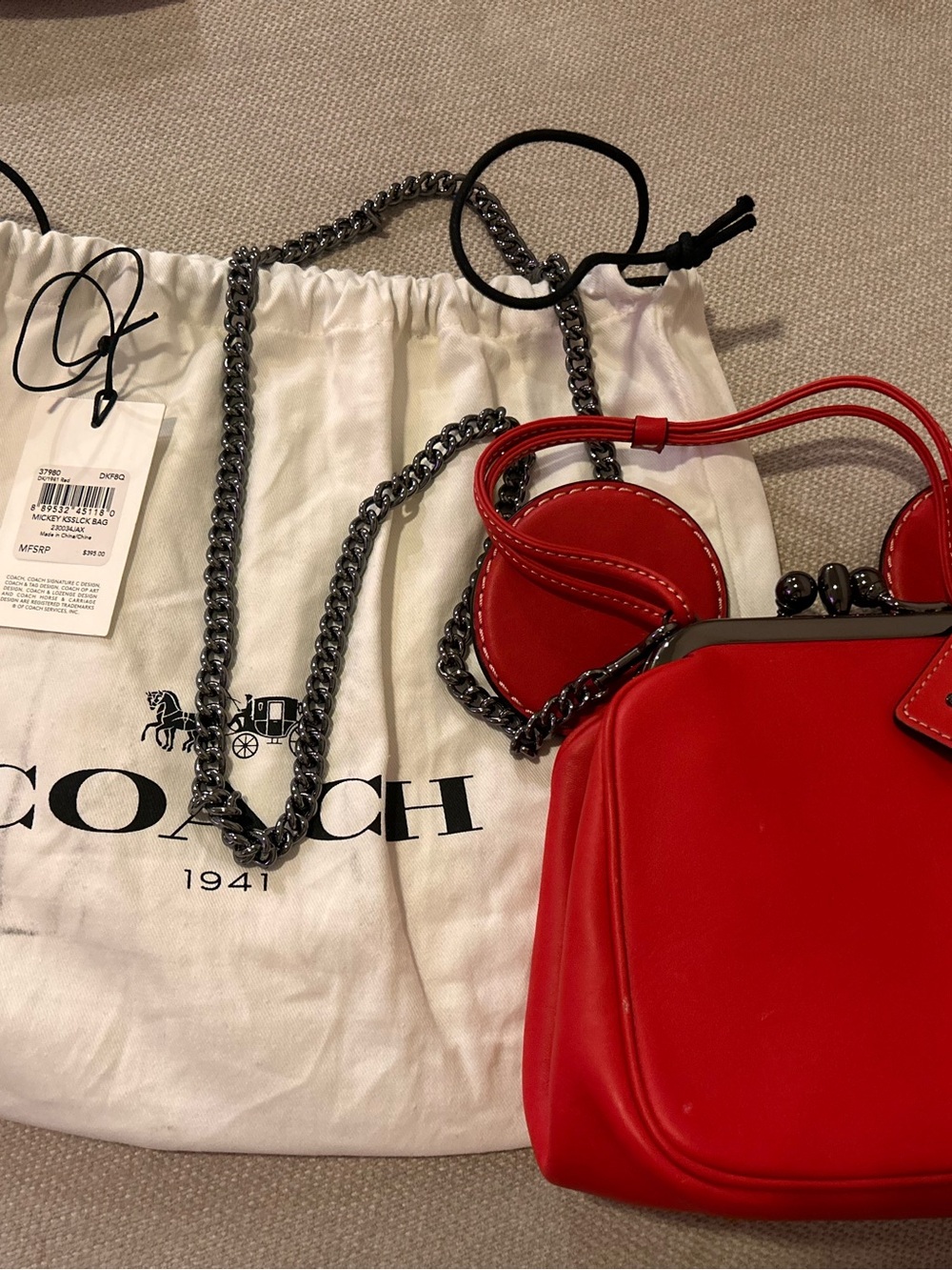 Coach Red Leather Kiss-Lock Crossbody with Coin Pouch and Gunmetal Chain